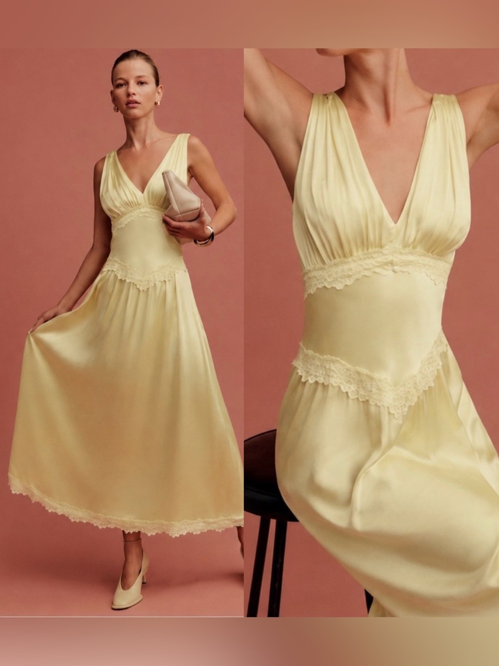 Reformation Stasia Silk Dress Butter Yellow V Neck Lace & Silk Dress Gown Sz 10